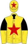 Yellow, red star, black and yellow halved sleeves, yellow cap, red star