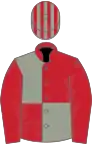 Geranium red and French grey (quartered), red sleeves, striped cap