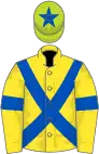 Yellow, royal blue cross belts and armlets, lime green cap, royal blue star