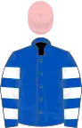 Royal blue, white hooped sleeves, pink cap