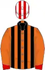 Orange, black stripes on body, red cuffs, red and white striped cap