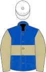 Royal blue, beige hoop and sleeves, white cap