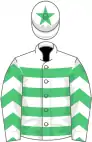 White and emerald green hoops, emerald green chevrons on sleeves, emerald green star on cap