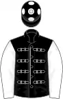 Black, white braid, sleeves and spots on cap