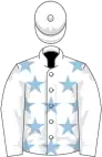 White, light blue stars, white sleeves and cap