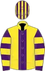 Yellow, purple stripe, purple and yellow hooped sleeves, striped cap