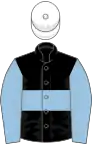 Black, light blue hoop and sleeves, white cap