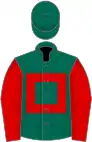 Dark green, red hollow box, red sleeves, dark green cap