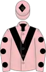 Pink, black chevron, pink sleeves, black spots, pink cap, black diamond