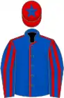 Royal blue, red seams, striped sleeves, red cap, royal blue star