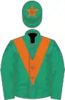 Emerald green, orange chevron and star on cap