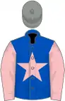 Blue, pink star and sleeves, grey cap