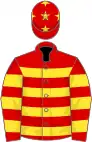 Red, yellow hoops and stars on cap