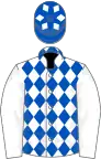 White and royal blue diamonds, white sleeves, royal blue cap, white diamonds