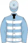 Light blue and white hoops, light blue sleeves, hooped cap