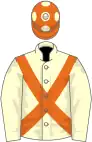 Cream, orange cross-belts, orange cap, cream spots