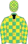 Emerald green and yellow check, diamonds on sleeves, check cap
