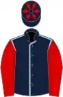 Dark blue, light blue seams, red sleeves, dark blue cap, red diamonds