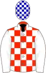 Scarlet and white check, white sleeves, blue and white check cap