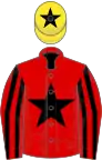 Red, black star, striped sleeves, yellow cap, black star