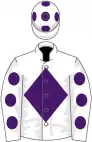 White, purple diamond, white sleeves, purple spots and cap