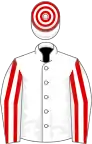 White, red striped sleeves, hooped cap