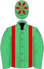 Emerald green, red braces and diamonds on cap