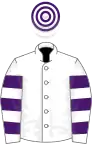 White, purple hooped sleeves and cap