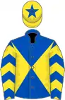 Blue, yellow diabolo, chevrons on sleeves, yellow cap, blue star