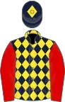 Dark blue and yellow diamonds, red sleeves, dark blue cap, yellow diamond