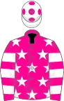 Magenta, white stars and hoops on sleeves, white cap, magenta spots