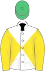 Yellow and white diabolo, yellow sleeves, emerald green cap
