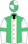 Emerald green, white stripe, white sleeves, emerald green armlets, emerald green and white quartered cap