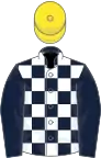 Dark blue and white checked, blue sleeves, yellow cap