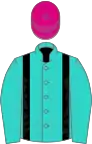 Turquoise, black braces, cerise cap
