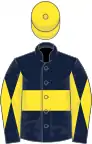 Dark blue, yellow hoop, diabolo on sleeves, yellow cap