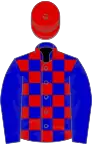 Blue and red check, blue sleeves, red cap