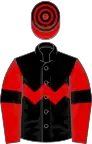Black, red chevron hoop and sleeves, black armlets, hooped cap