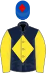 Dark blue, yellow diamond and sleeves, royal blue cap, red diamond
