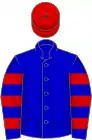 Blue, red hooped sleeves, red cap