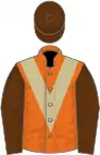 Orange, beige chevron, brown sleeves and cap