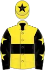 Yellow, black hoop, black sleeves, yellow stars, yellow cap, black star