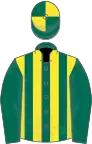 Dark green and yellow stripes, dark green sleeves, quartered cap