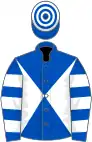 Royal blue and white diabolo, hooped sleeves and cap