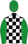 Black and white check, emerald green sleeves and cap