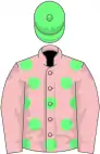 Pink, light green spots, pink sleeves, light green cap