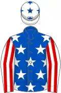 Royal blue, white stars, red and white striped sleeves, white cap, royal blue stars