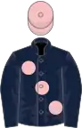 Dark blue, large pink spots, pink cap