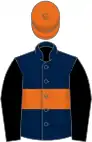 Oxford blue, orange hoop and cap, black sleeves