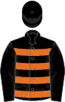 Black and orange hoops, black sleeves, black cap